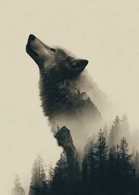 Wolf and Forest Double Exposure