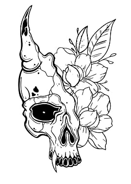 Skull with Horn and Floral Design
