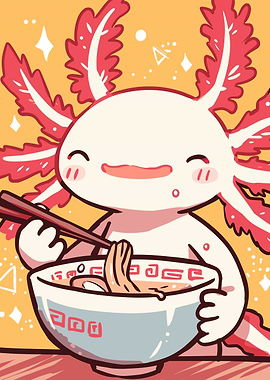 Axolotl eating ramen cartoon illustration