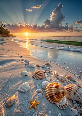 Seashells on Sea Beach at Sunset
