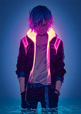 Neon Anime Boy in Water