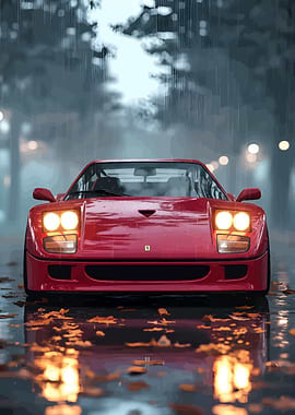 Red Ferrari F40 in the Rain