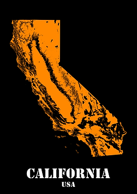 California USA State Minimalist Black Orange Topographic Contour Relief Map featuring terrain in orange color