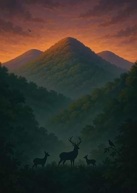 Deer in Mountainous Landscape at Sunset