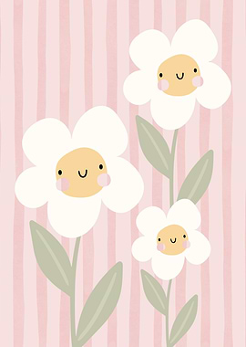 Cute Daisy Flowers on Pink Stripes