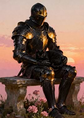 Knight with Black Cat at Sunset