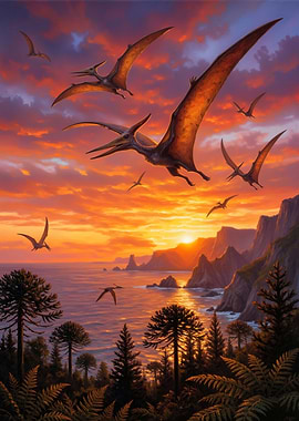 Pterodactyls Flying at Sunset