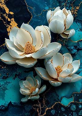 Teal Gold Magnolia Blossoms