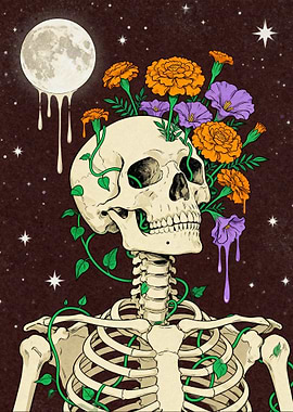 Floral Skull with Moon and Stars