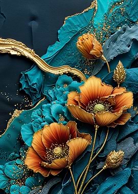 Teal Gold Poppies Flower