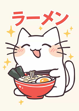 Cute Cat Eating Ramen Illustration