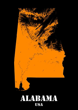 Alabama USA State Minimalist Black Orange Topographic Contour Relief Map featuring terrain in orange color