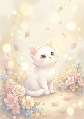 Cute White Kitten with Flowers