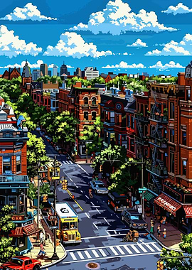 City Street Scene with Buildings and Traffic