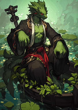 Green anthropomorphic creature in a boat