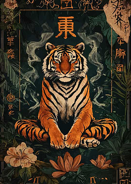 Meditative Tiger in Asian Floral Setting