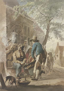 Village Scene with Figures and Dog