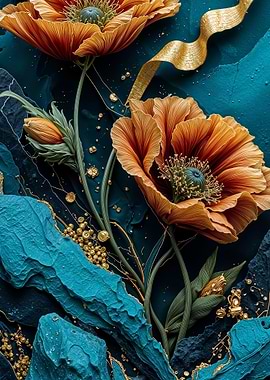 Teal Gold Poppies Flowers