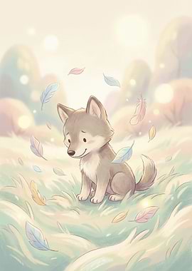 Cute Wolf Cub with Falling Feathers