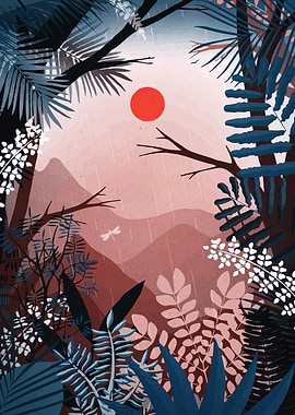 Rainy Jungle Landscape with Red Sun