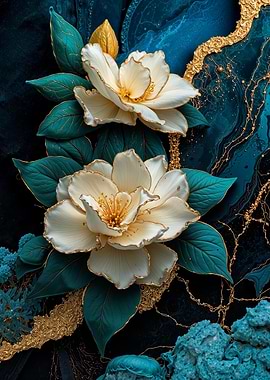 Teal Gold Gardenias Flower