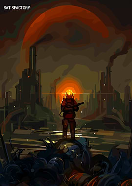 Satisfactory: Industrial Landscape with Armed Figure