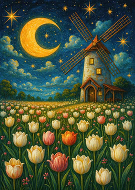 Tulip Field with Windmill at Night