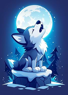 Cartoon Wolf Howling at the Moon