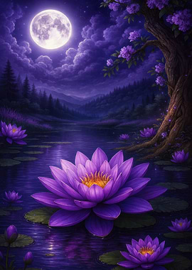 Purple Lotus Lake Under Moonlight