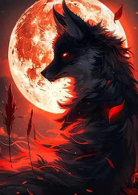 Wolf with Red Moon