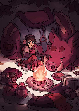 Cozy Campfire Scene with Girl and Animals