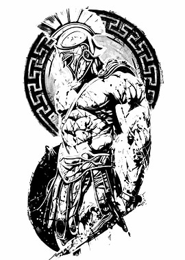 Spartan Warrior Black and White Illustration