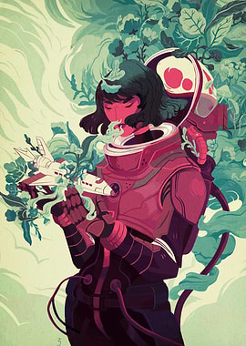 Astronaut with Flowers and Spaceship