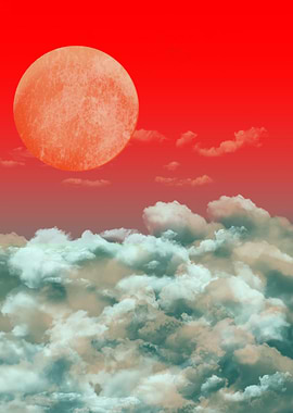 Red Sky with Moon and Clouds