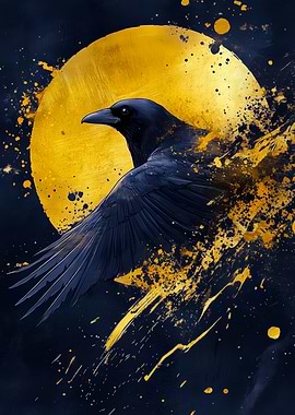 Raven in Flight with Golden Moon