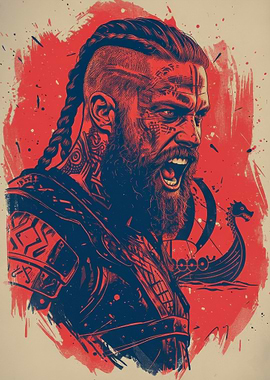 Viking Warrior Portrait with Drakkar