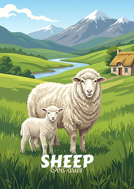 Sheep and Lamb in Green Pasture