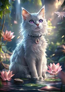 Anime mystical White Cat in lotus garden