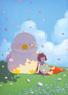 Girl and Duck Relaxing in Nature