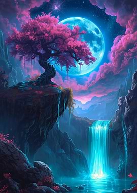 Fantasy Landscape with Waterfall and Moon