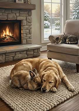 Cozy Animals by Fireplace
