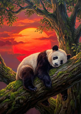 Sleeping Panda on Tree Branch Painting