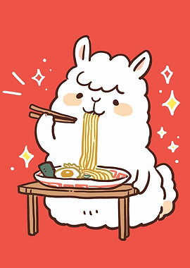 Cute Alpaca Eating Ramen Illustration