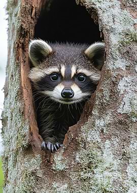 Raccoon peeking from tree hollow