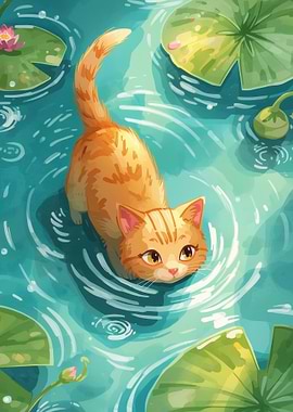 Orange Cat in Lily Pond