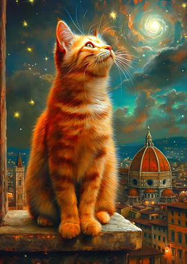 Ginger Cat Gazing at Florence Skyline