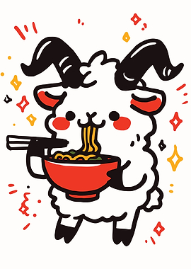 Cute Sheep Eating Ramen Illustration