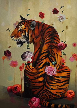 Tiger and Flowers Painting