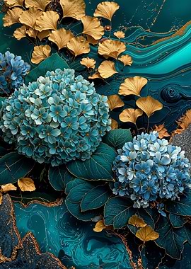 Teal Gold Hydrangeas Flower