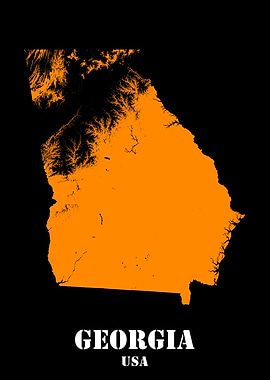 Georgia USA State Minimalist Black Orange Topographic Contour Relief Map featuring terrain in orange color